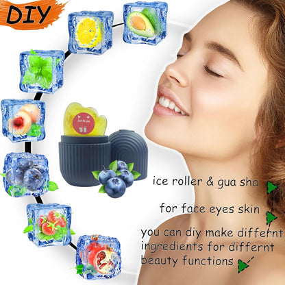Ice Roller, Ice Roller for Face and Eyes, Reusable Silicone Ice Face Roller and Gua Sha Massage Tool Set to Relieve Puffiness, Refine Pores, Firming, Lifting, Hydration, Cooling and Pain Relief