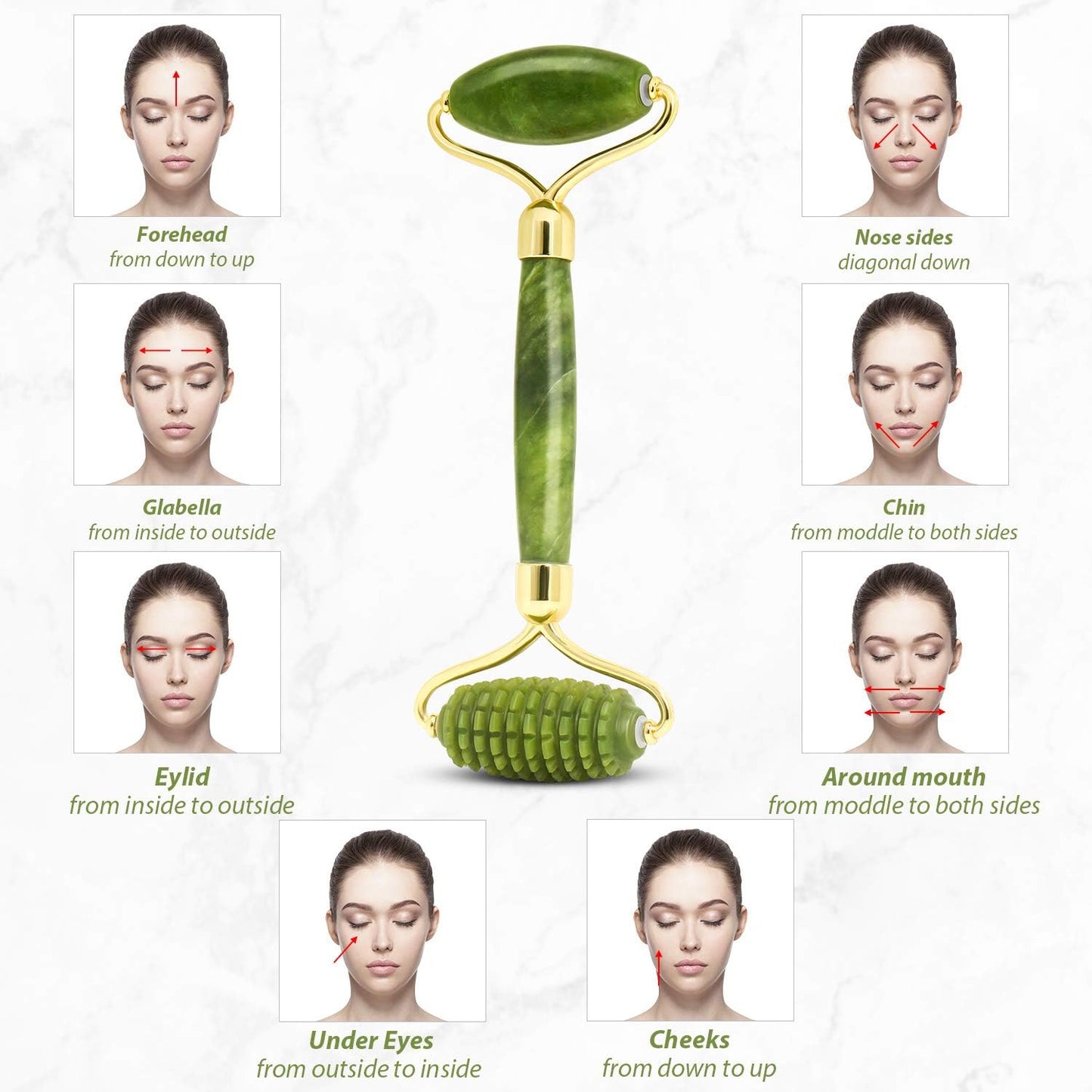 Gua Sha Jade Roller Set for Facial Rejuvenation and Skin Tightening, Includes Jade Stone Face Roller and Massager for Eye Puffiness Treatment (Green)