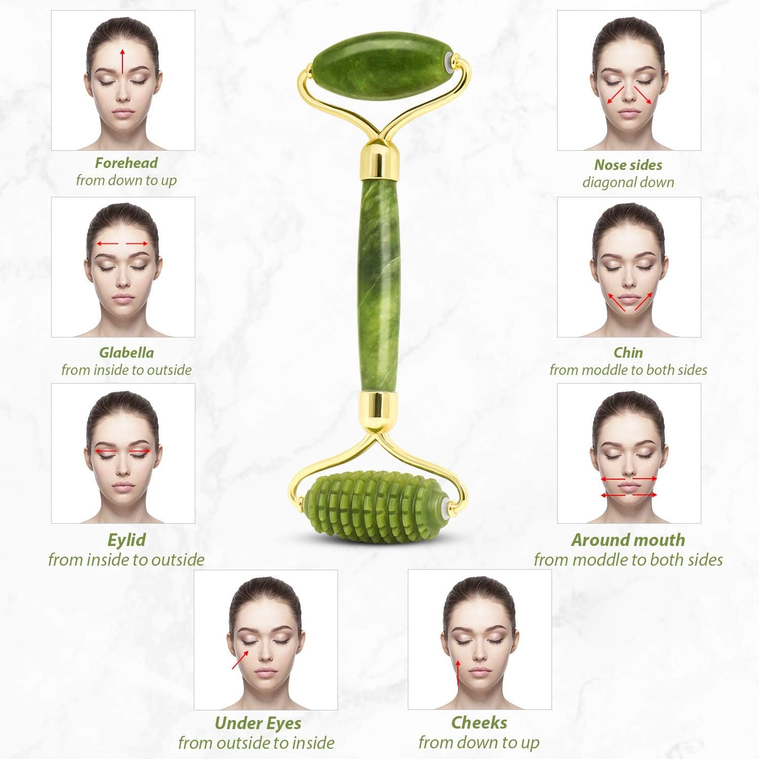 Gua Sha Jade Roller Set for Facial Rejuvenation and Skin Tightening, Includes Jade Stone Face Roller and Massager for Eye Puffiness Treatment (Green)