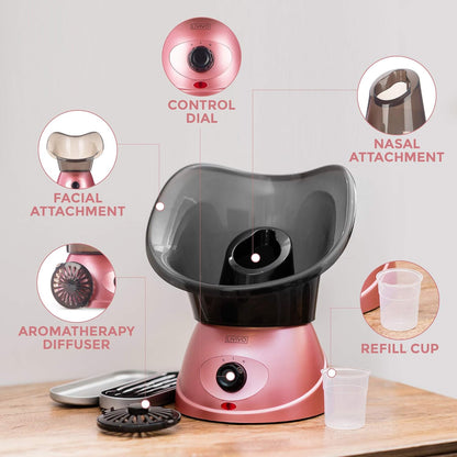 Face Spa Facial Steamer and Nasal Steam Inhaler Set - 2-In-1 Aromatherapy Sauna for Sinus, Cold & Flu Relief and Deep Cleansing Face Steamer with Dual Nose Cones (Rose Gold)