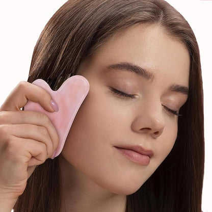 Jade Roller and Gua Sha Set - Rose Quartz Facial Roller and Gua Sha Stone for Relaxation and Massage of Face, Neck, and Body Muscles - Pink
