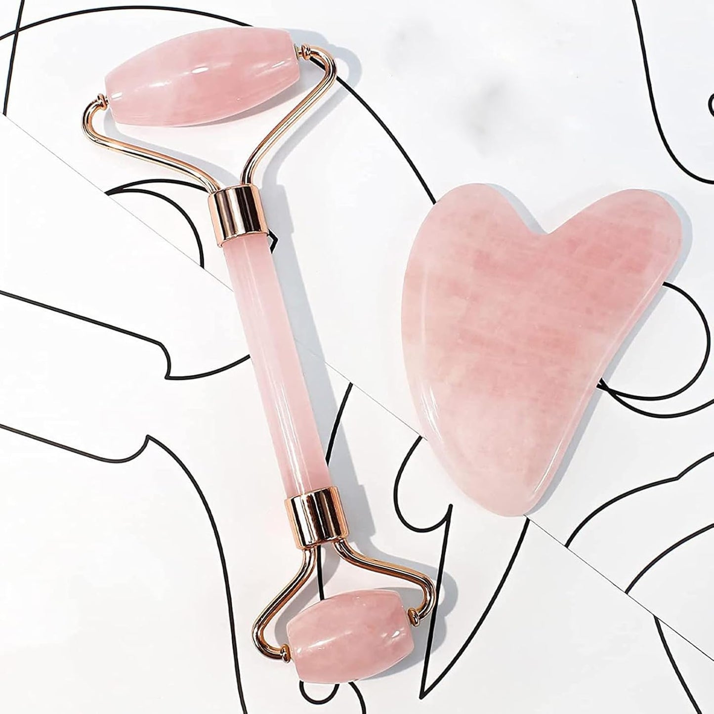 Jade Roller and Gua Sha Set - Rose Quartz Facial Roller and Gua Sha Stone for Relaxation and Massage of Face, Neck, and Body Muscles - Pink