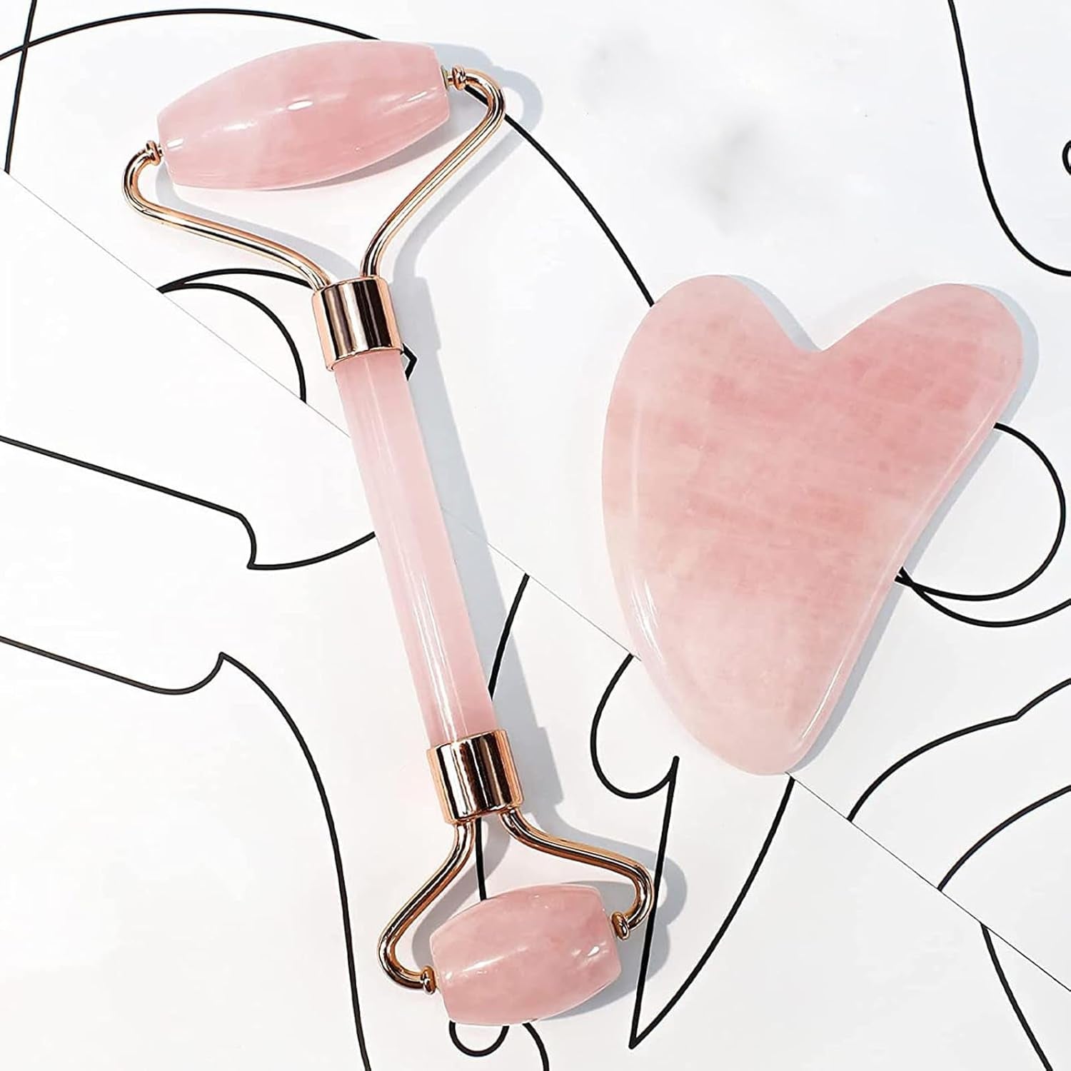 Jade Roller and Gua Sha Set - Rose Quartz Facial Roller and Gua Sha Stone for Relaxation and Massage of Face, Neck, and Body Muscles - Pink