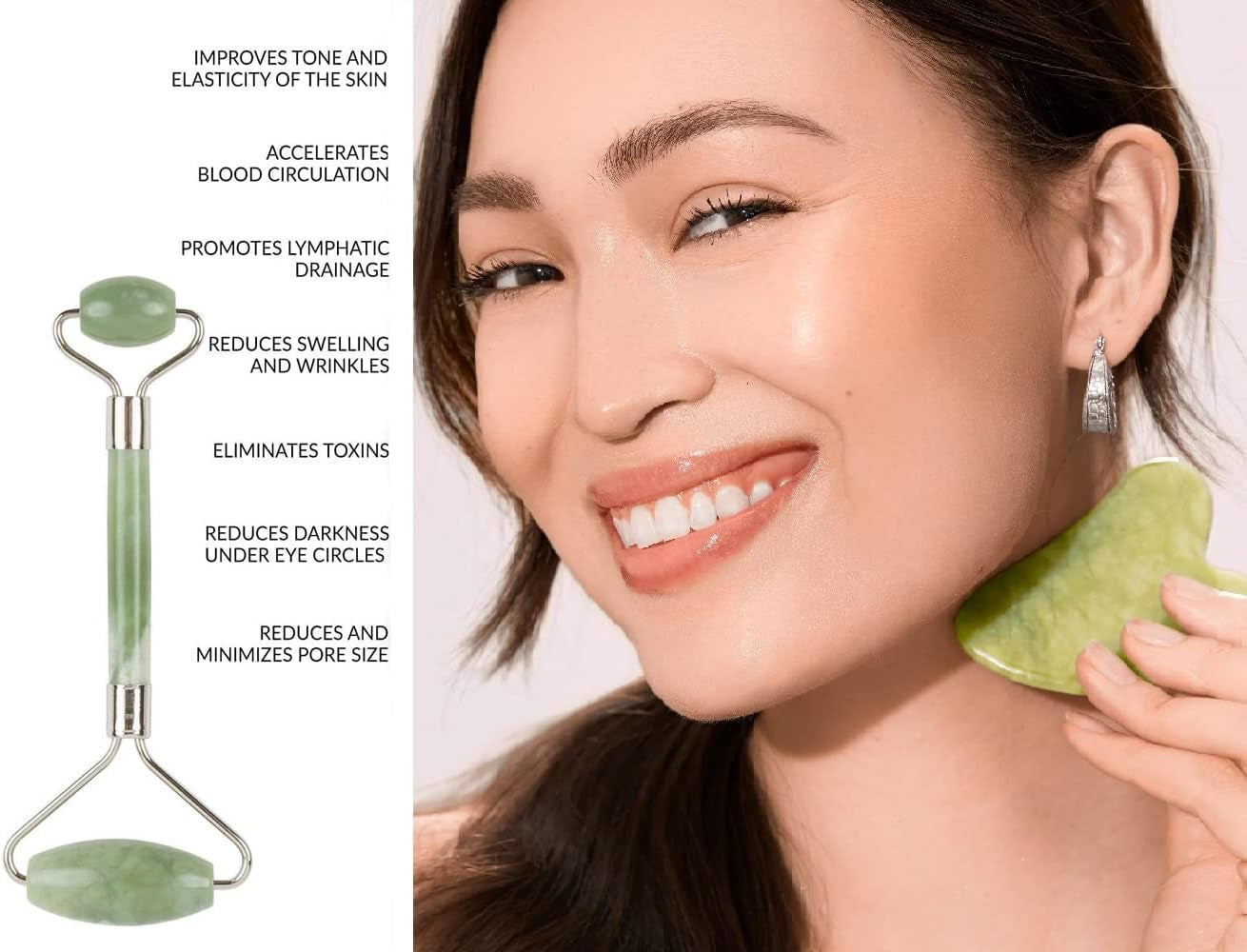 Gua Sha and Face Roller Set - Authentic Natural Jade Stone Professional Skin Care Tools for Wrinkle Treatment and Massage for Face, Neck, and Body