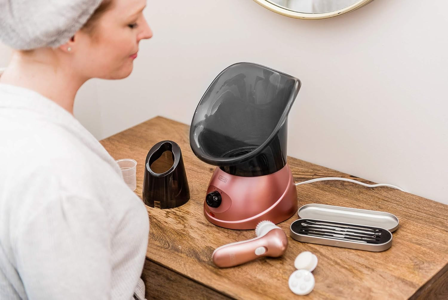 Face Spa Facial Steamer and Nasal Steam Inhaler Set - 2-In-1 Aromatherapy Sauna for Sinus, Cold & Flu Relief and Deep Cleansing Face Steamer with Dual Nose Cones (Rose Gold)