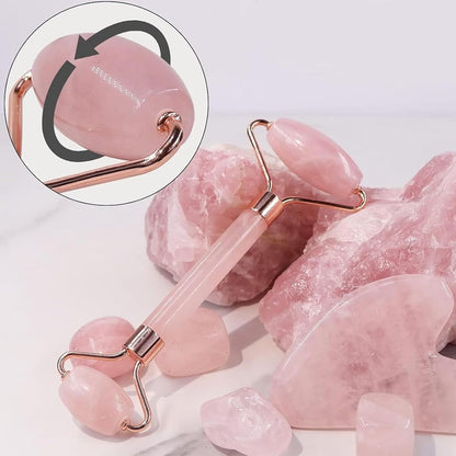 Jade Roller and Gua Sha Set - Rose Quartz Facial Roller and Gua Sha Stone for Relaxation and Massage of Face, Neck, and Body Muscles - Pink