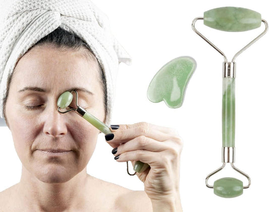 Gua Sha and Face Roller Set - Authentic Natural Jade Stone Professional Skin Care Tools for Wrinkle Treatment and Massage for Face, Neck, and Body