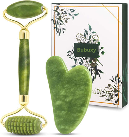 Gua Sha Jade Roller Set for Facial Rejuvenation and Skin Tightening, Includes Jade Stone Face Roller and Massager for Eye Puffiness Treatment (Green)