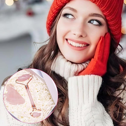 Jade Roller and Gua Sha Set - Rose Quartz Facial Roller and Gua Sha Stone for Relaxation and Massage of Face, Neck, and Body Muscles - Pink