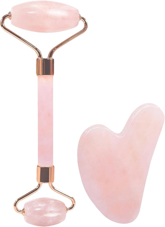 Jade Roller and Gua Sha Set - Rose Quartz Facial Roller and Gua Sha Stone for Relaxation and Massage of Face, Neck, and Body Muscles - Pink